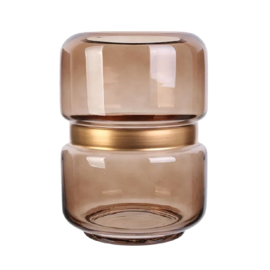 Jarrón decorativo de vidrio color ámbar con aro metálico