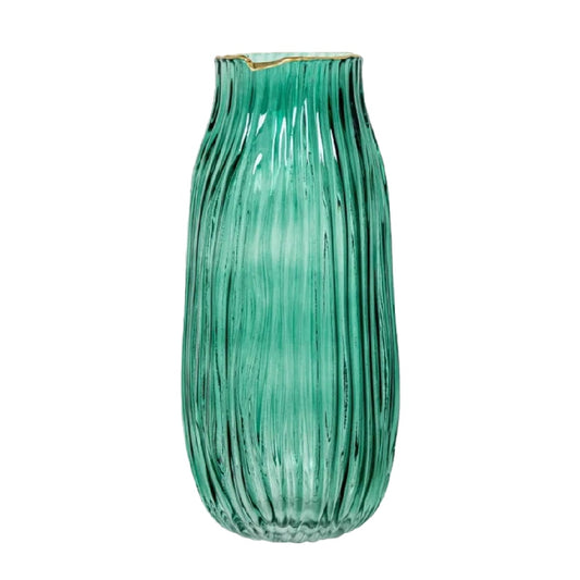 Jarrón decorativo de vidrio estriado color verde con borde dorado