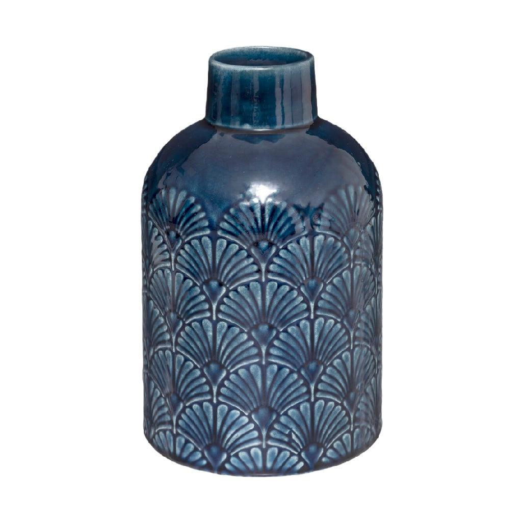 Jarrón decorativo de cerámica azul con relieve geométrico